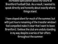 望加盟纽卡！维萨公开声明：布伦特福德未能兑现诺言，请放我离开