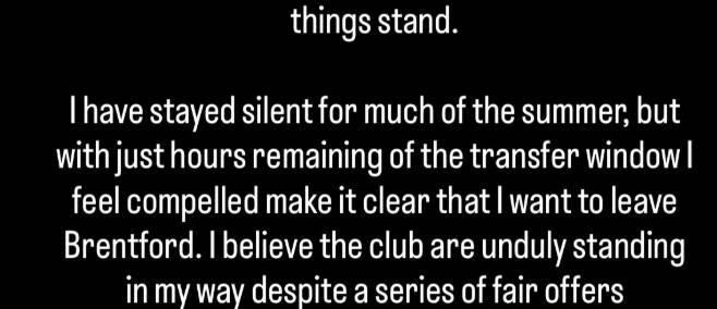 望加盟纽卡！维萨公开声明：布伦特福德未能兑现诺言，请放我离开